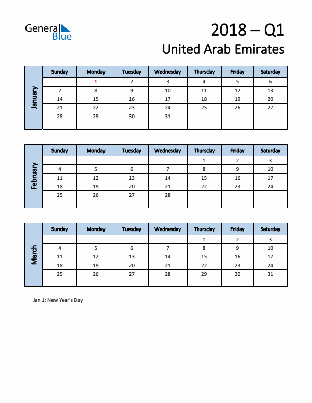 Free Q1 2018 Calendar for United Arab Emirates - Sunday Start