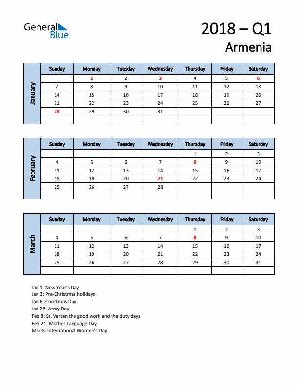Free Q1 2018 Calendar for Armenia - Sunday Start