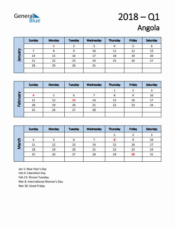 Free Q1 2018 Calendar for Angola - Sunday Start