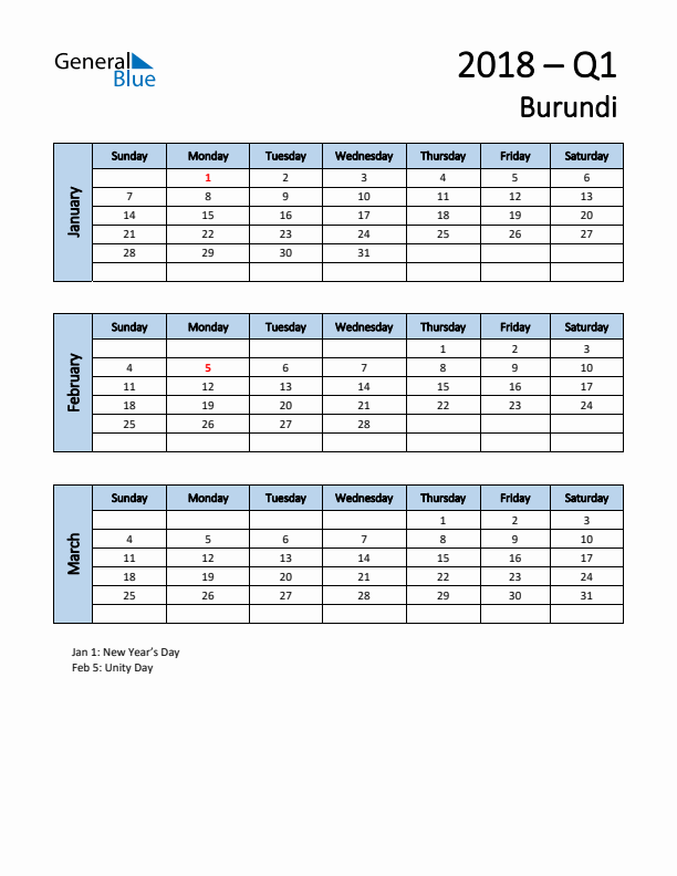 Free Q1 2018 Calendar for Burundi - Sunday Start