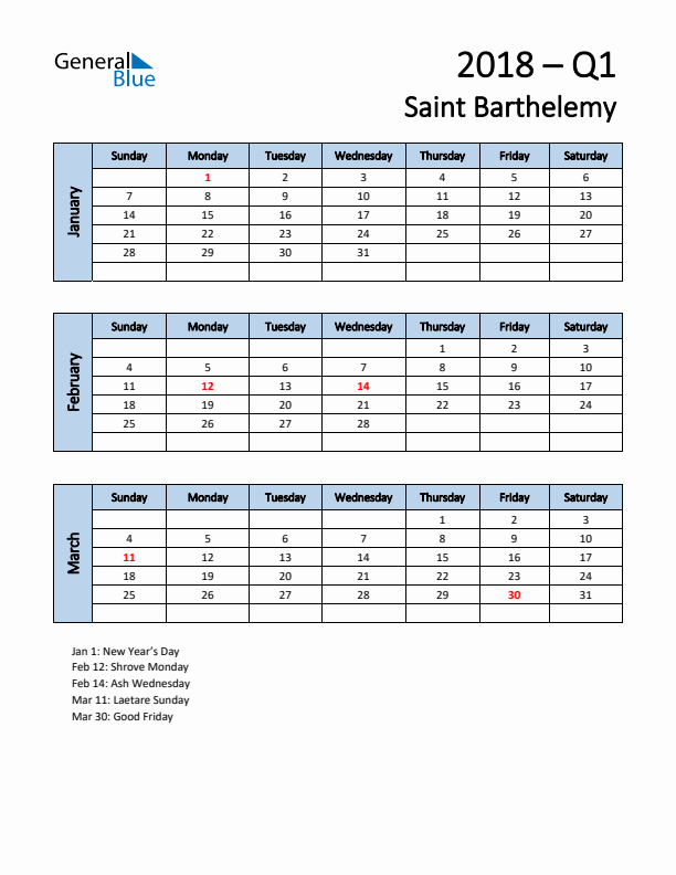 Free Q1 2018 Calendar for Saint Barthelemy - Sunday Start