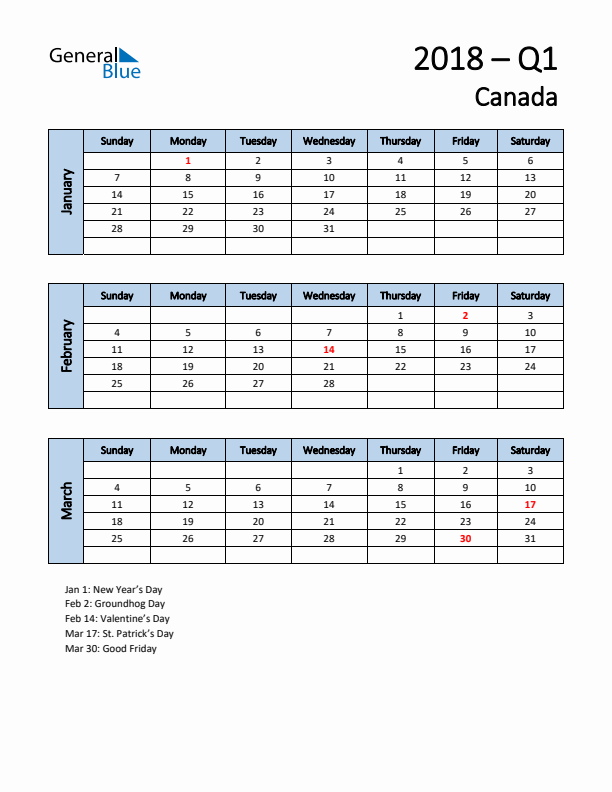 Free Q1 2018 Calendar for Canada - Sunday Start