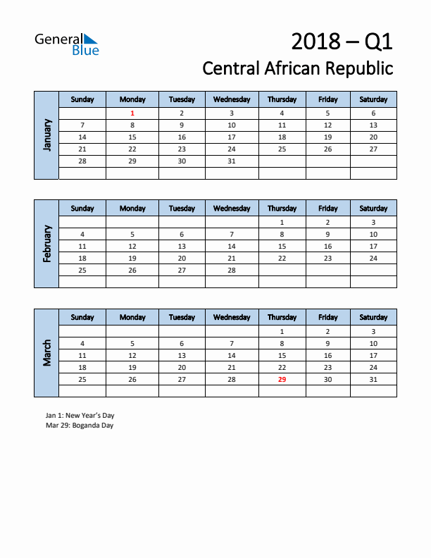 Free Q1 2018 Calendar for Central African Republic - Sunday Start