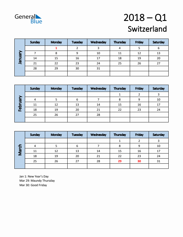 Free Q1 2018 Calendar for Switzerland - Sunday Start