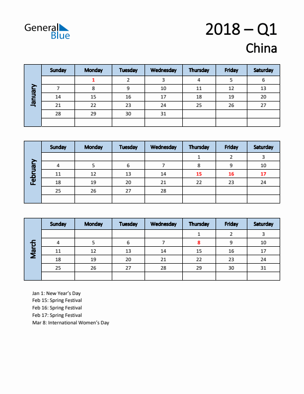 Free Q1 2018 Calendar for China - Sunday Start