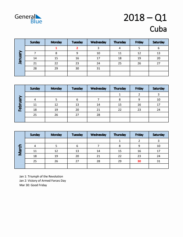 Free Q1 2018 Calendar for Cuba - Sunday Start