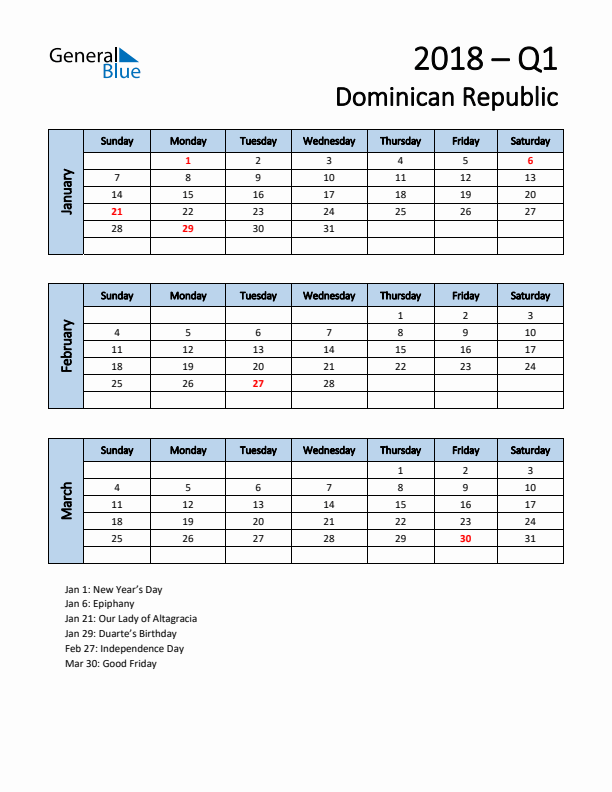 Free Q1 2018 Calendar for Dominican Republic - Sunday Start