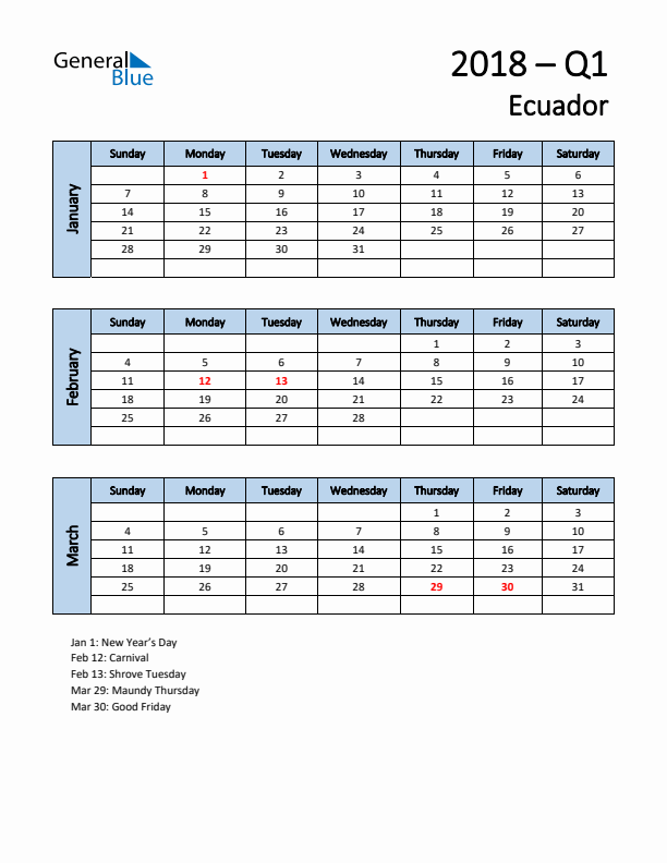 Free Q1 2018 Calendar for Ecuador - Sunday Start