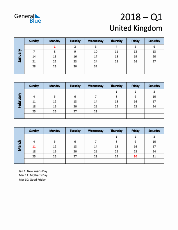 Free Q1 2018 Calendar for United Kingdom - Sunday Start