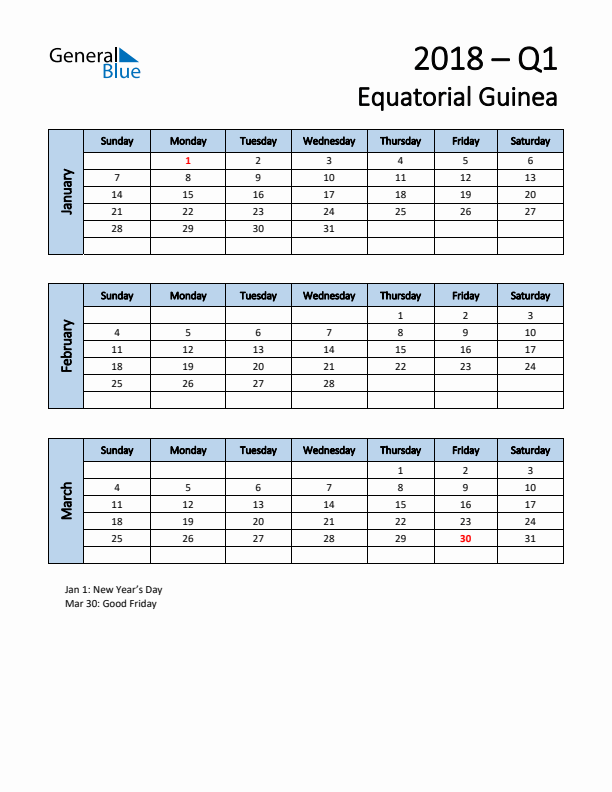 Free Q1 2018 Calendar for Equatorial Guinea - Sunday Start
