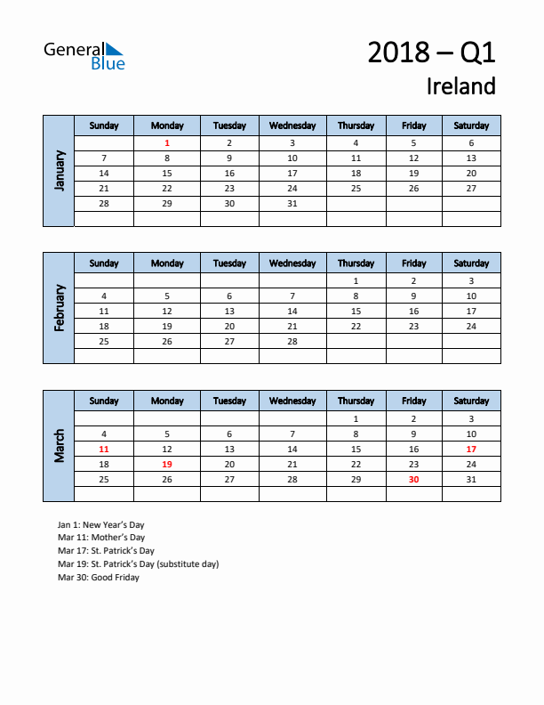 Free Q1 2018 Calendar for Ireland - Sunday Start