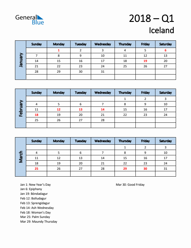 Free Q1 2018 Calendar for Iceland - Sunday Start