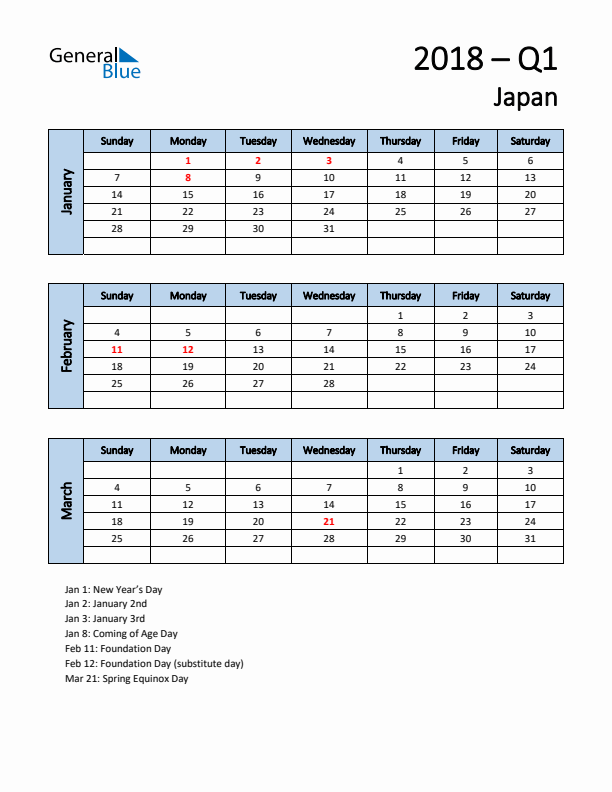 Free Q1 2018 Calendar for Japan - Sunday Start