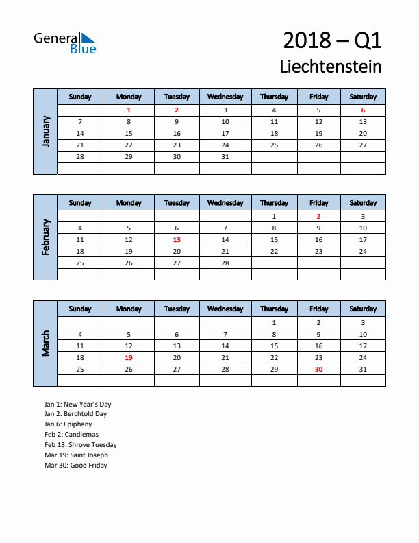 Free Q1 2018 Calendar for Liechtenstein - Sunday Start