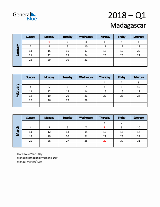 Free Q1 2018 Calendar for Madagascar - Sunday Start