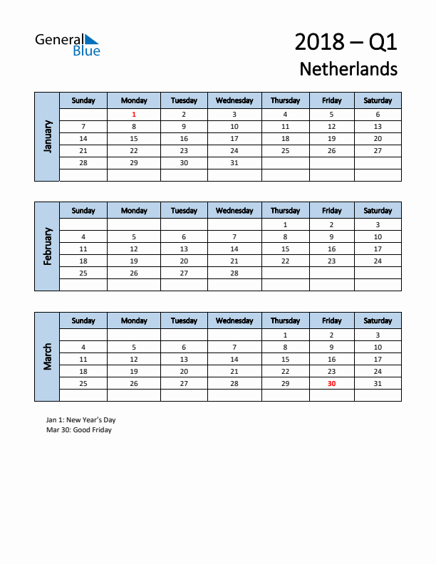 Free Q1 2018 Calendar for The Netherlands - Sunday Start