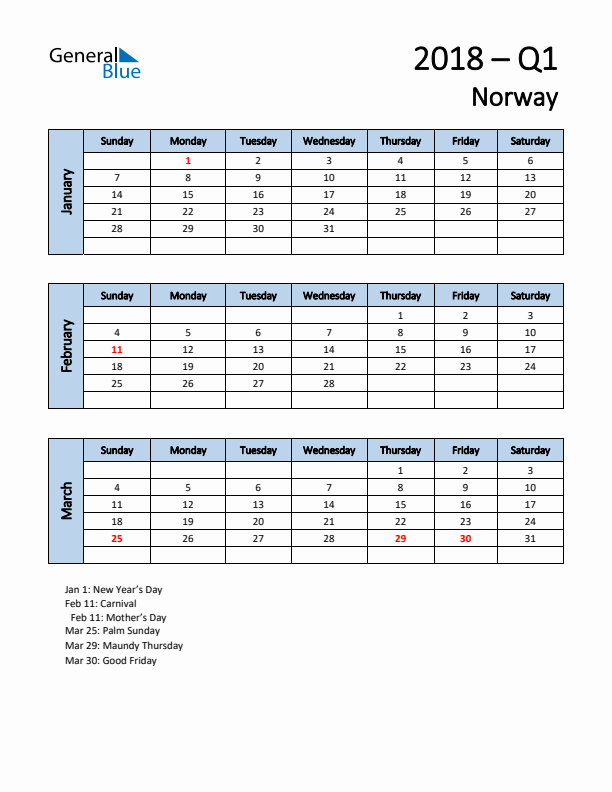 Free Q1 2018 Calendar for Norway - Sunday Start