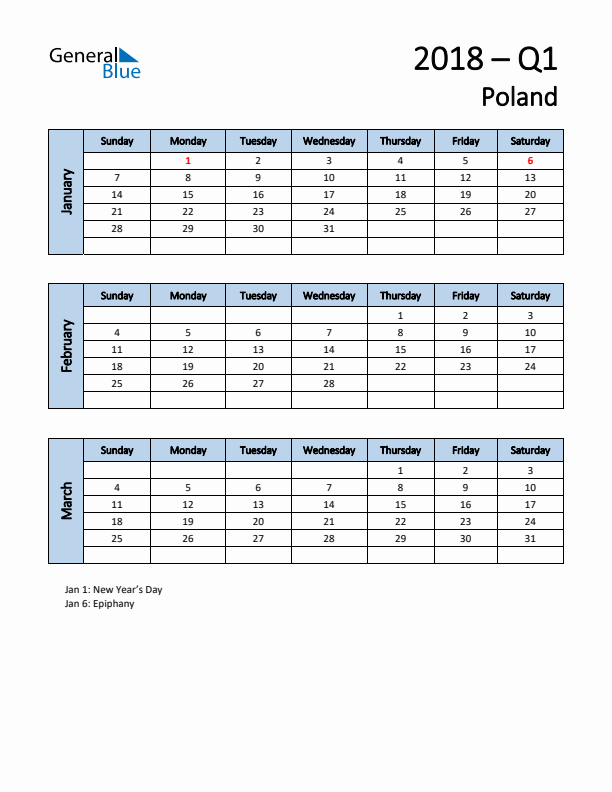 Free Q1 2018 Calendar for Poland - Sunday Start