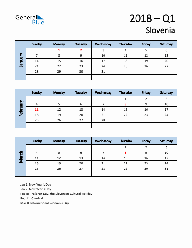 Free Q1 2018 Calendar for Slovenia - Sunday Start