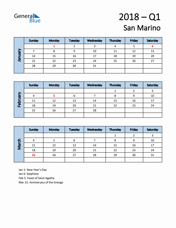 Free Q1 2018 Calendar for San Marino - Sunday Start