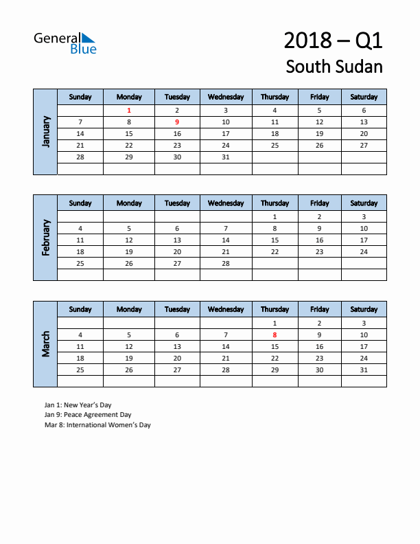 Free Q1 2018 Calendar for South Sudan - Sunday Start