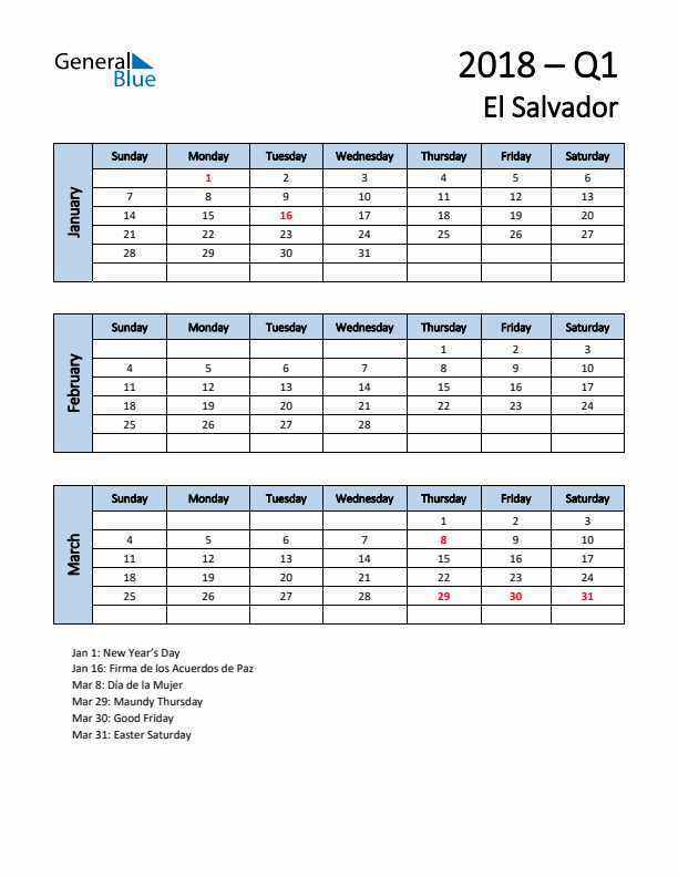 Free Q1 2018 Calendar for El Salvador - Sunday Start