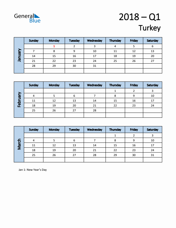 Free Q1 2018 Calendar for Turkey - Sunday Start