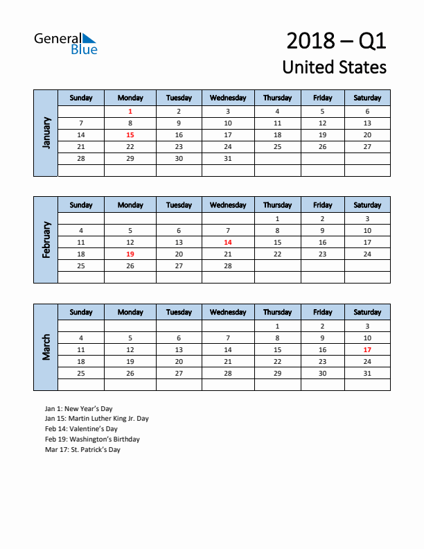 Free Q1 2018 Calendar for United States - Sunday Start
