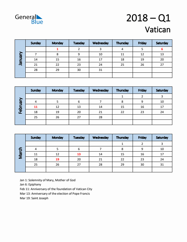 Free Q1 2018 Calendar for Vatican - Sunday Start