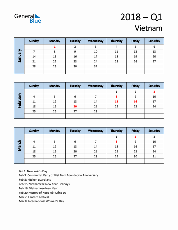 Free Q1 2018 Calendar for Vietnam - Sunday Start