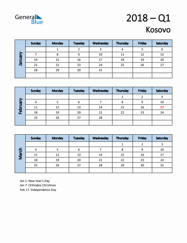 Free Q1 2018 Calendar for Kosovo - Sunday Start