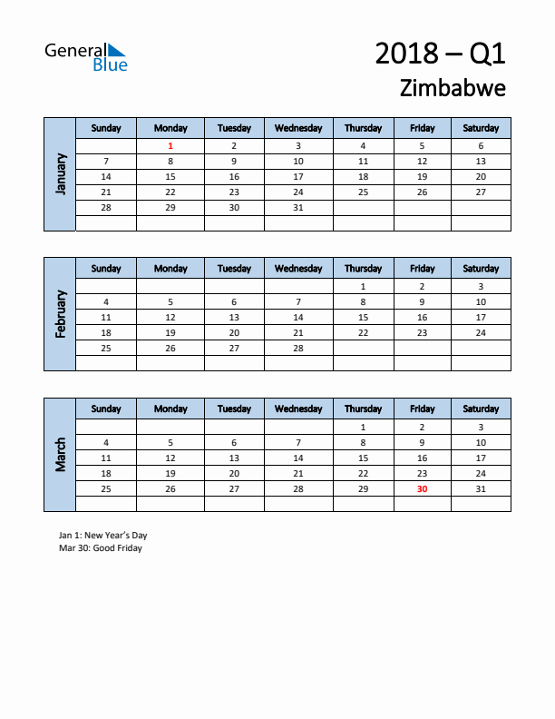 Free Q1 2018 Calendar for Zimbabwe - Sunday Start