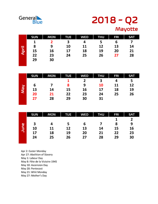  Q2 2018 Calendar with Holidays