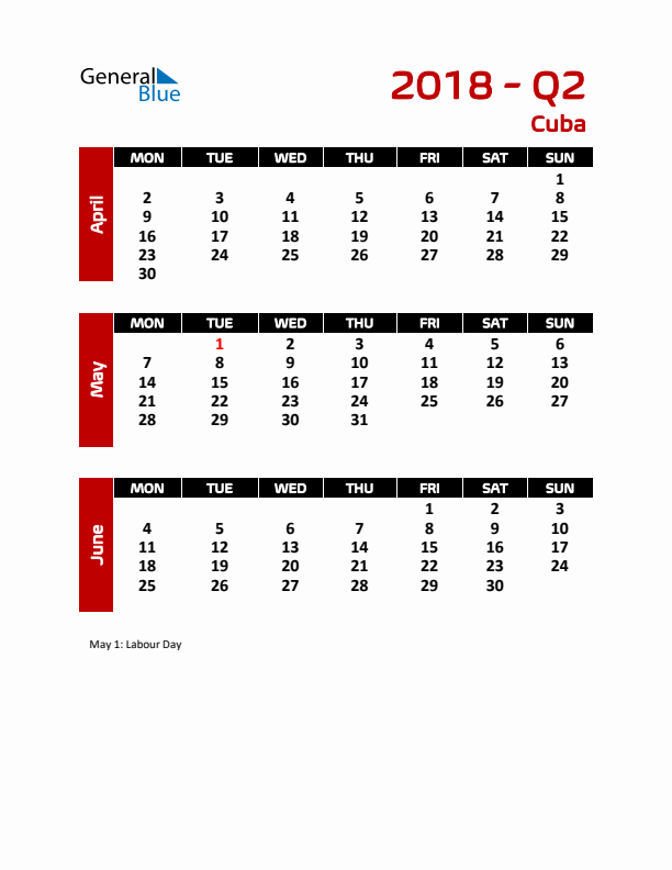 Q2 2018 Calendar with Holidays