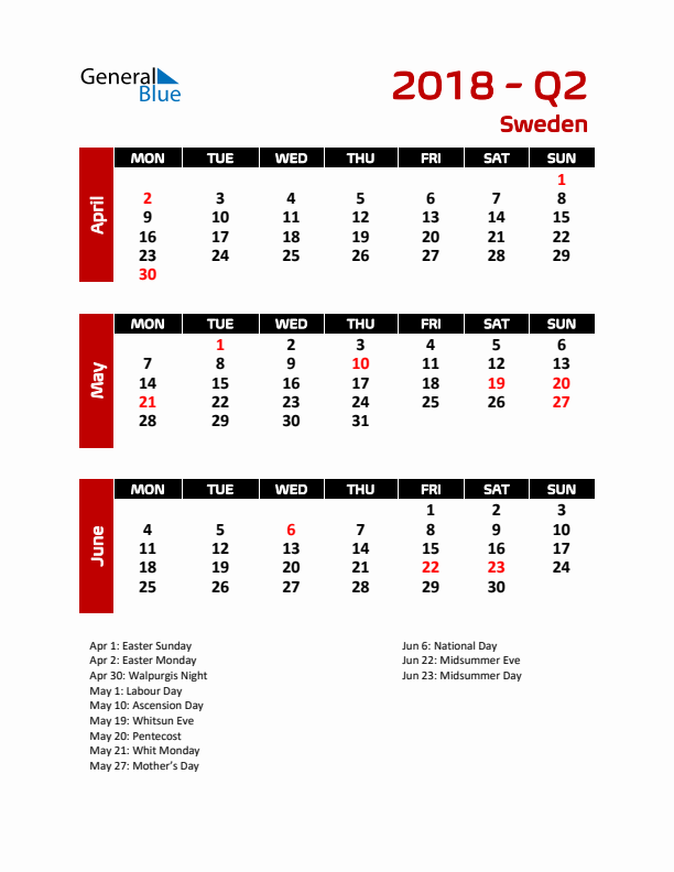 Q2 2018 Calendar with Holidays