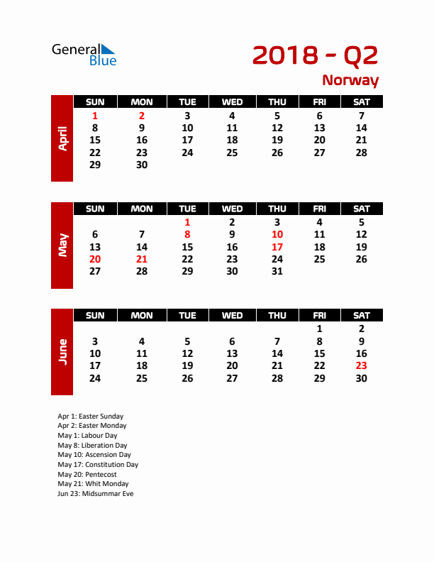 Q2 2018 Calendar with Holidays
