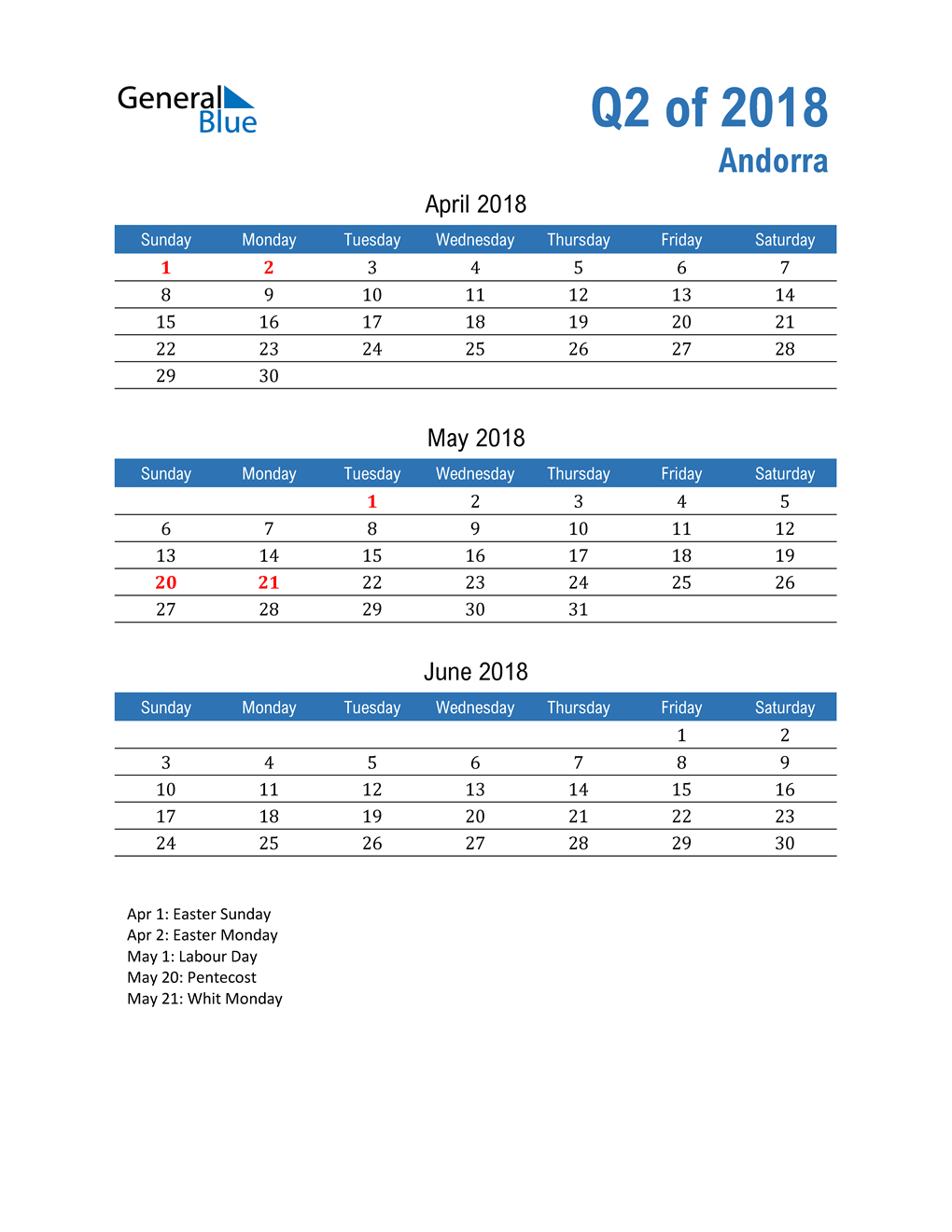  Andorra 2018 Quarterly Calendar 