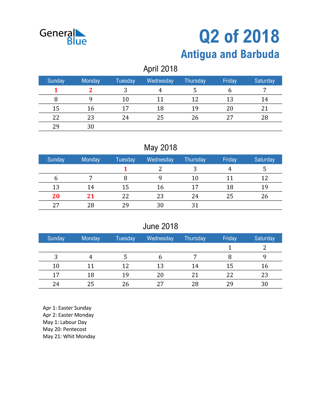  Antigua and Barbuda 2018 Quarterly Calendar 