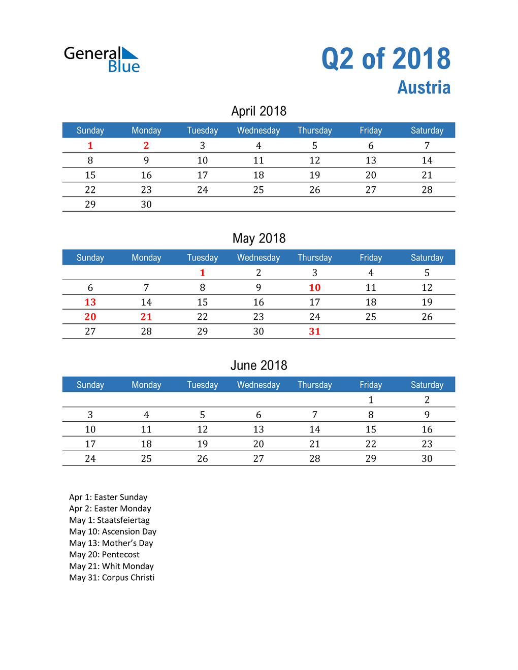  Austria 2018 Quarterly Calendar 