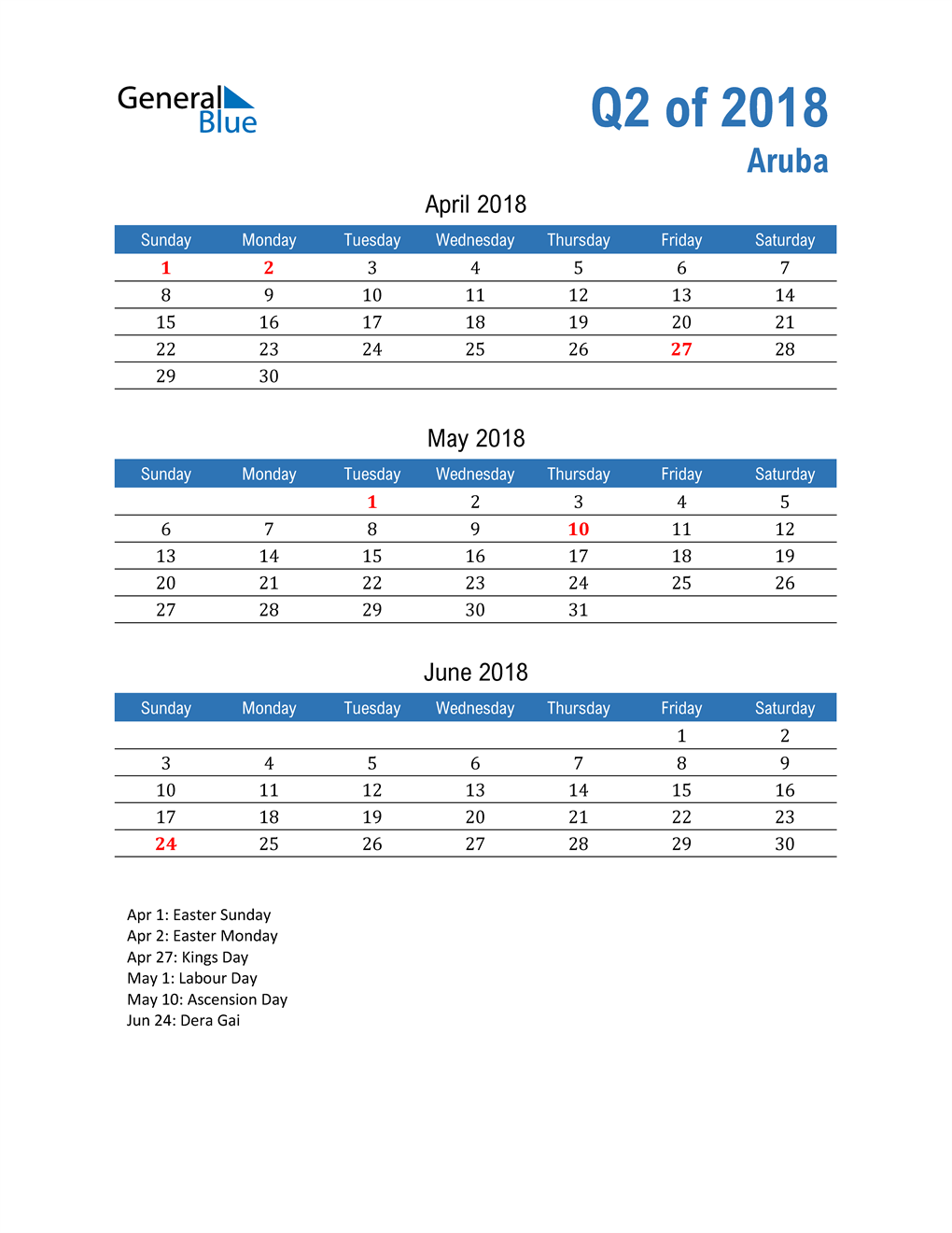  Aruba 2018 Quarterly Calendar 