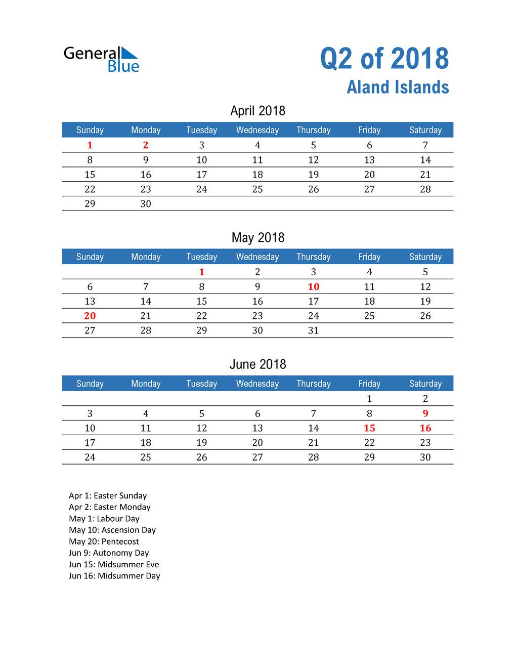  Aland Islands 2018 Quarterly Calendar 