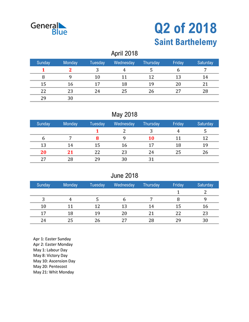  Saint Barthelemy 2018 Quarterly Calendar 