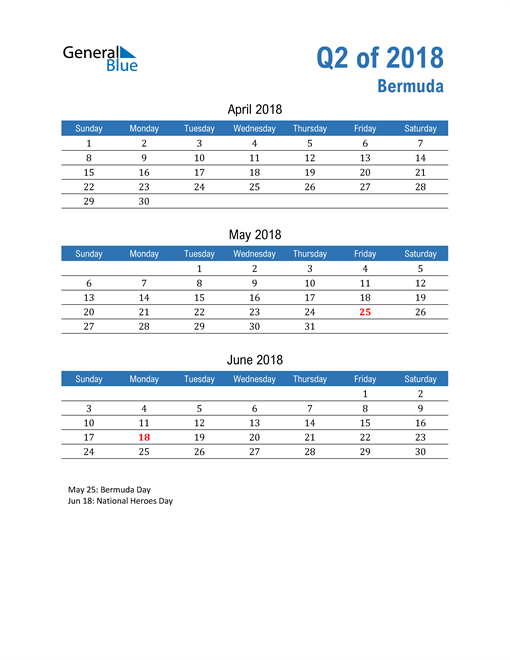  Bermuda 2018 Quarterly Calendar 