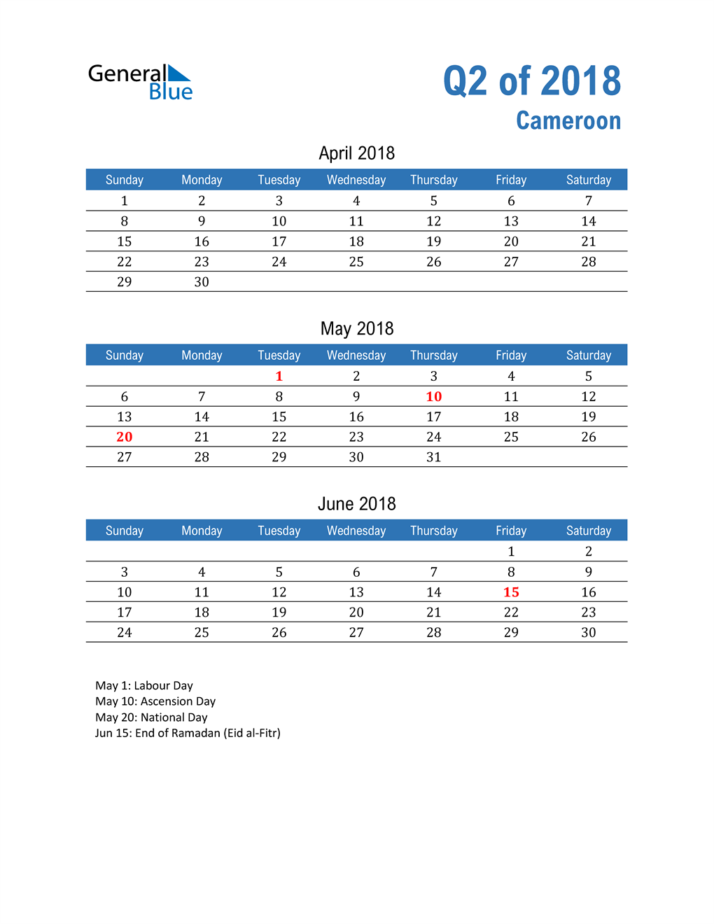  Cameroon 2018 Quarterly Calendar 