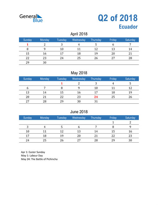  Ecuador 2018 Quarterly Calendar 