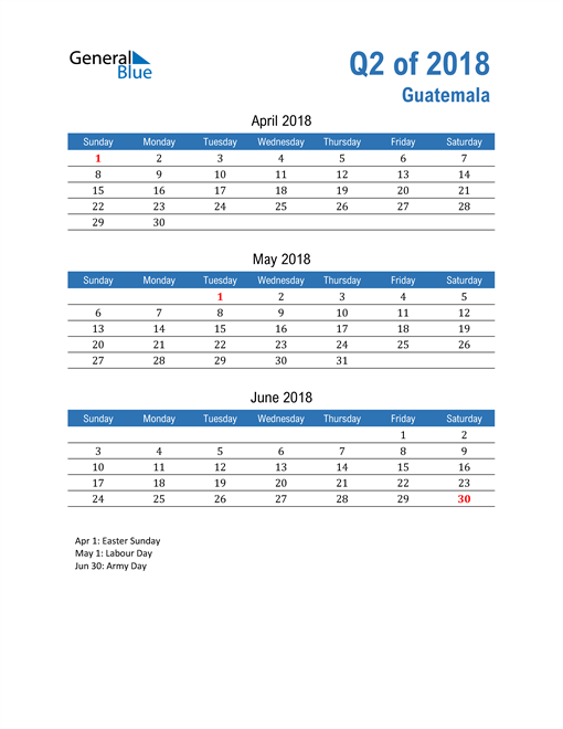  Guatemala 2018 Quarterly Calendar 