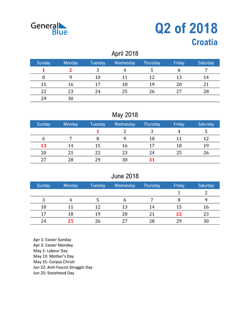  Croatia 2018 Quarterly Calendar 