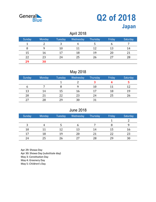  Japan 2018 Quarterly Calendar 
