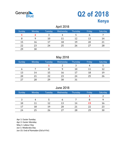  Kenya 2018 Quarterly Calendar 