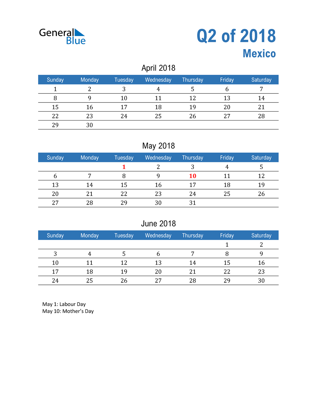  Mexico 2018 Quarterly Calendar 